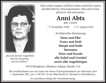 Anzeige von Anni Abts von  Werbepost 