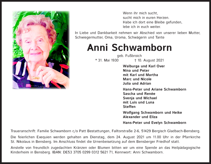  Traueranzeige für Anni Schwamborn vom 18.08.2021 aus Kölner Stadt-Anzeiger / Kölnische Rundschau / Express