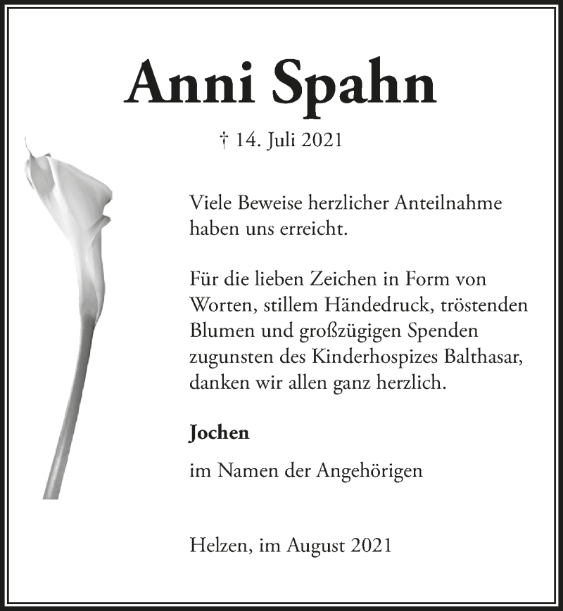  Traueranzeige für Anni Spahn vom 27.08.2021 aus  Lokalanzeiger 