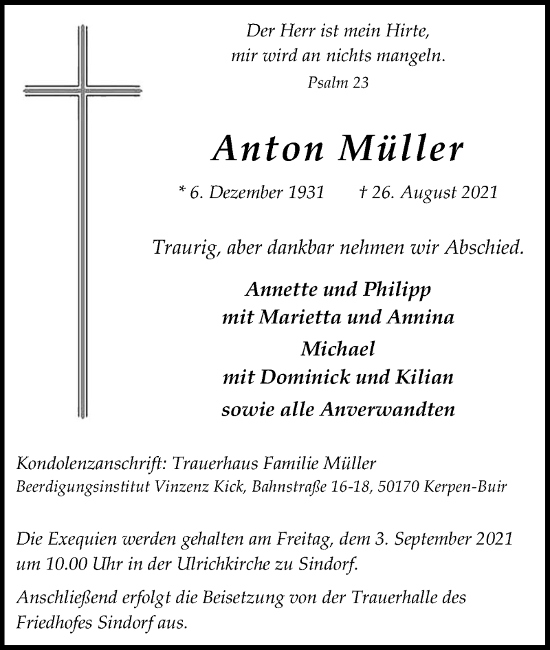  Traueranzeige für Anton Müller vom 31.08.2021 aus Kölner Stadt-Anzeiger / Kölnische Rundschau / Express