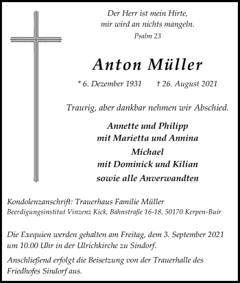 Anzeige von Anton Müller von Kölner Stadt-Anzeiger / Kölnische Rundschau / Express