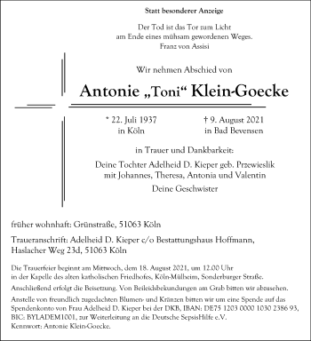 Anzeige von Antonie Klein-Goecke von Kölner Stadt-Anzeiger / Kölnische Rundschau / Express