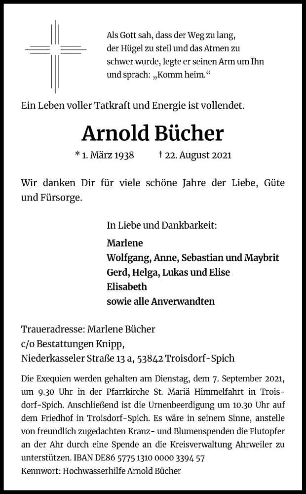  Traueranzeige für Arnold Bücher vom 28.08.2021 aus Kölner Stadt-Anzeiger / Kölnische Rundschau / Express
