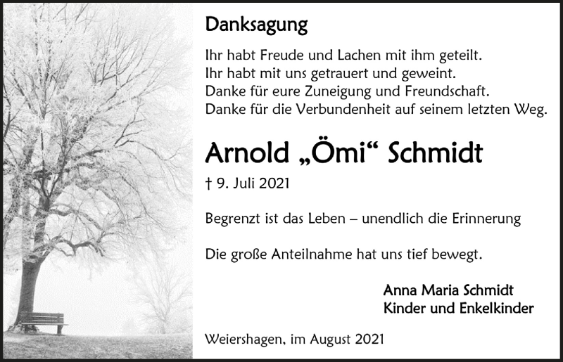  Traueranzeige für Arnold Schmidt vom 13.08.2021 aus  Anzeigen Echo 