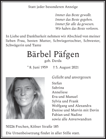 Anzeige von Bärbel Päfgen von  Wochenende 
