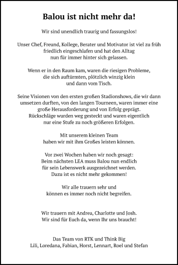 Anzeige von Balou  von Kölner Stadt-Anzeiger / Kölnische Rundschau / Express