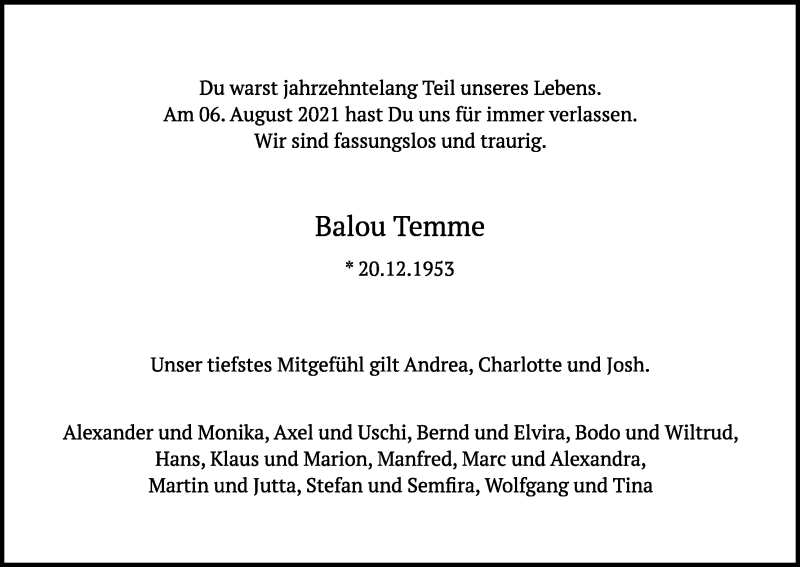  Traueranzeige für Balou Temme vom 14.08.2021 aus Kölner Stadt-Anzeiger / Kölnische Rundschau / Express