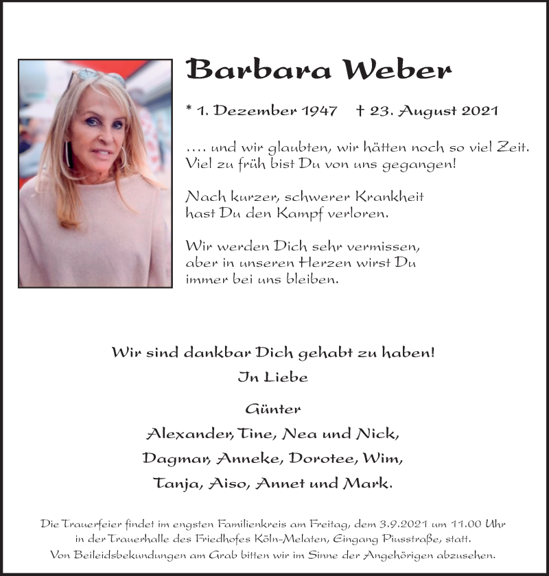  Traueranzeige für Barbara Weber vom 01.09.2021 aus Kölner Stadt-Anzeiger / Kölnische Rundschau / Express