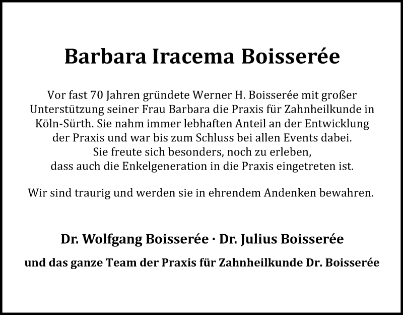  Traueranzeige für Barbara Iracema Boisserée vom 21.08.2021 aus Kölner Stadt-Anzeiger / Kölnische Rundschau / Express