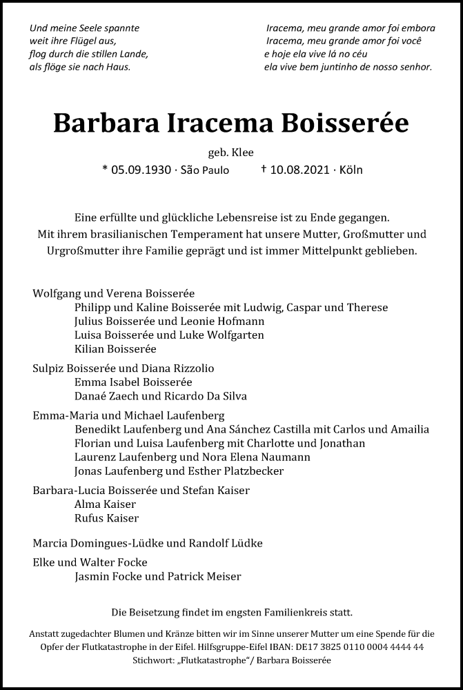  Traueranzeige für Barbara Iracema Boisserée vom 21.08.2021 aus Kölner Stadt-Anzeiger / Kölnische Rundschau / Express