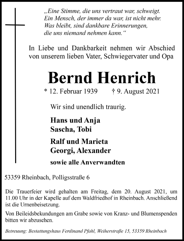  Traueranzeige für Bernd Henrich vom 13.08.2021 aus  Schaufenster/Blickpunkt 