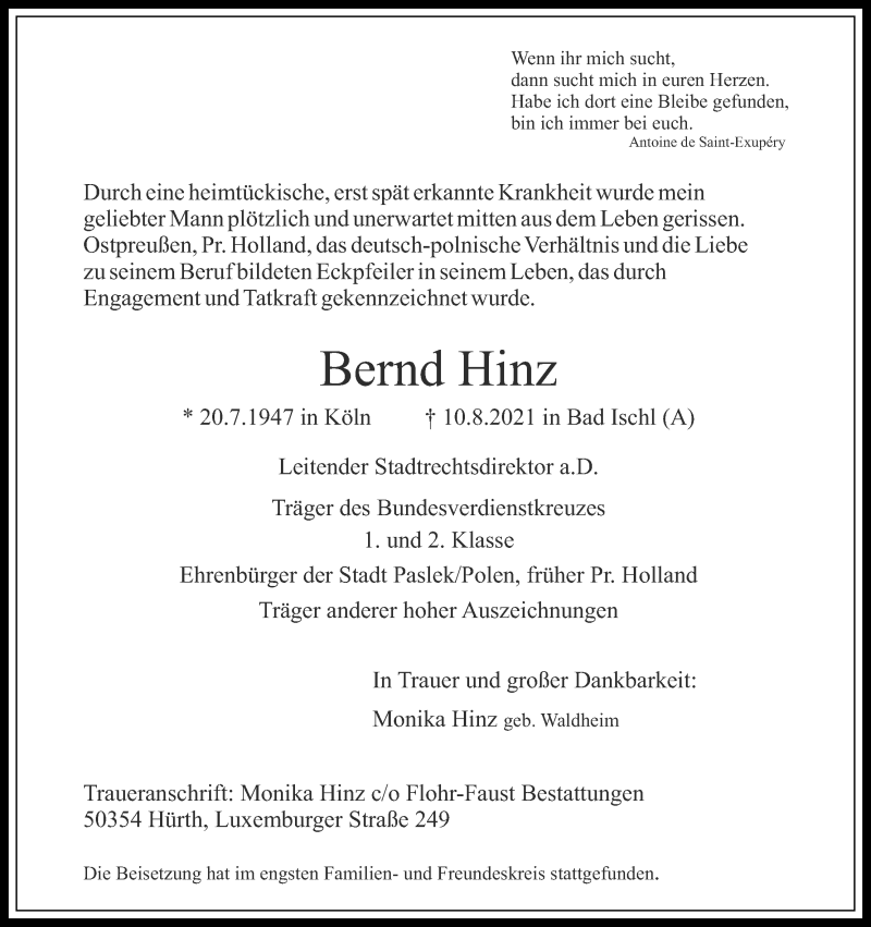  Traueranzeige für Bernd Hinz vom 28.08.2021 aus Kölner Stadt-Anzeiger / Kölnische Rundschau / Express
