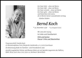 Anzeige von Bernd Koch von Kölner Stadt-Anzeiger / Kölnische Rundschau / Express