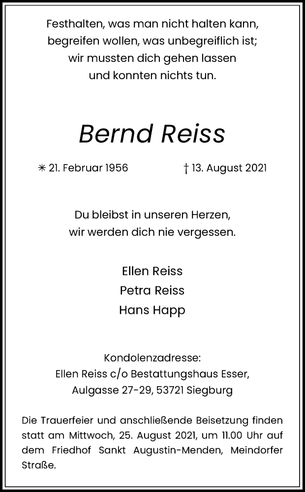  Traueranzeige für Bernd Reiss vom 21.08.2021 aus Kölner Stadt-Anzeiger / Kölnische Rundschau / Express
