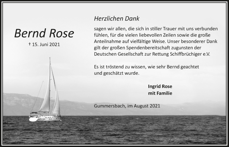  Traueranzeige für Bernd Rose vom 13.08.2021 aus  Anzeigen Echo 