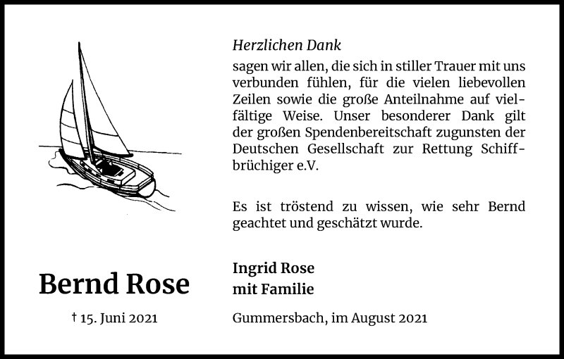  Traueranzeige für Bernd Rose vom 14.08.2021 aus Kölner Stadt-Anzeiger / Kölnische Rundschau / Express