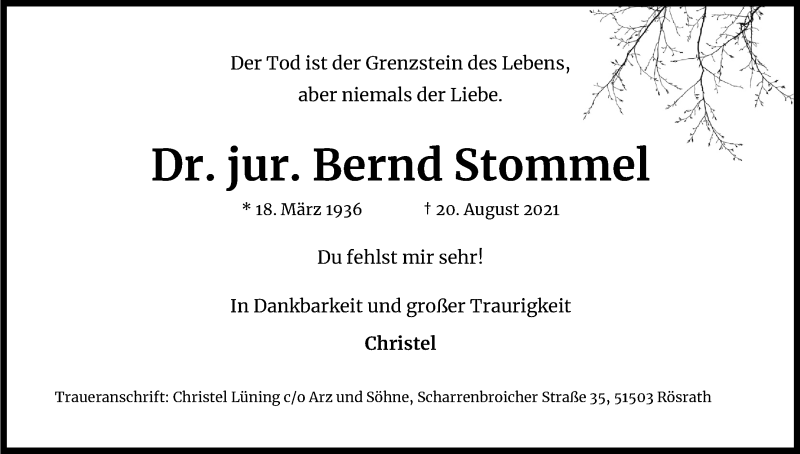  Traueranzeige für Bernd Stommel vom 25.08.2021 aus Kölner Stadt-Anzeiger / Kölnische Rundschau / Express