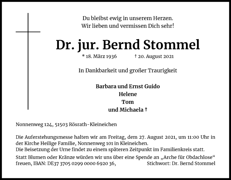  Traueranzeige für Bernd Stommel vom 25.08.2021 aus Kölner Stadt-Anzeiger / Kölnische Rundschau / Express