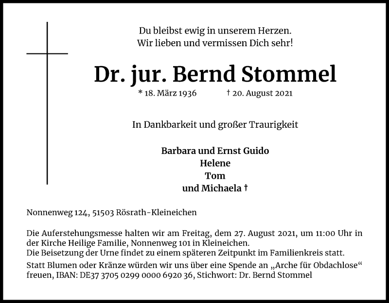  Traueranzeige für Bernd Stommel vom 25.08.2021 aus Kölner Stadt-Anzeiger / Kölnische Rundschau / Express