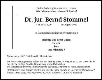 Anzeige von Bernd Stommel von Kölner Stadt-Anzeiger / Kölnische Rundschau / Express