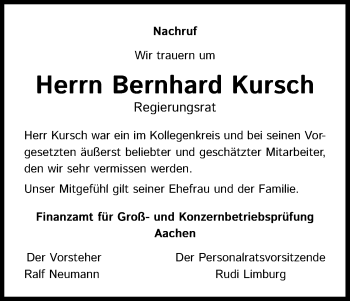 Anzeige von Bernhard Kursch von Kölner Stadt-Anzeiger / Kölnische Rundschau / Express
