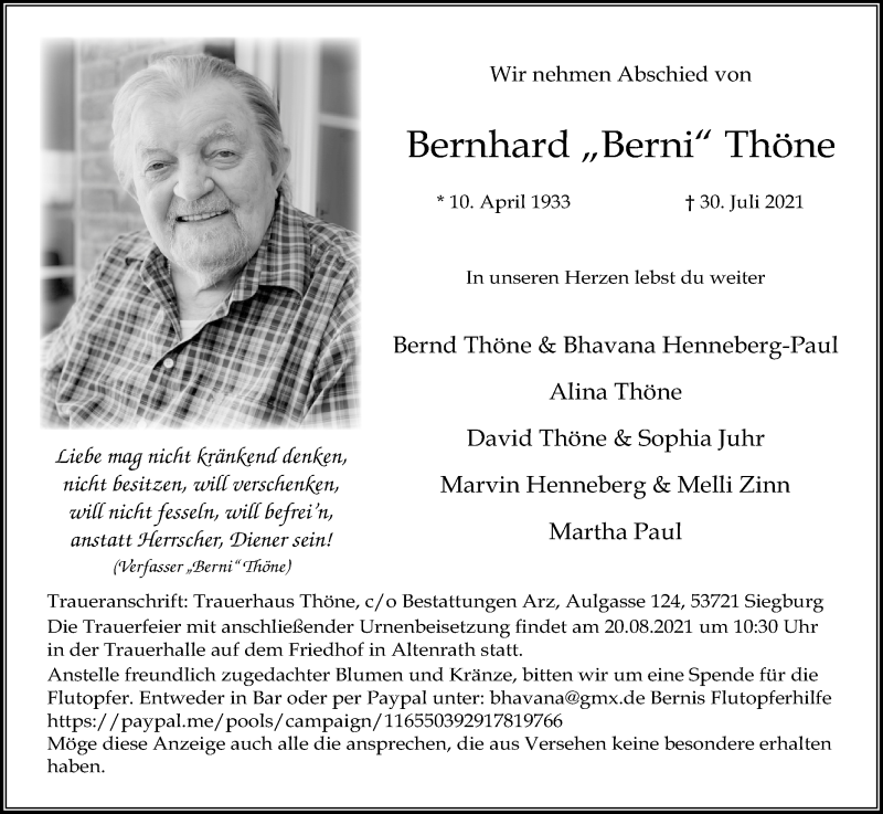  Traueranzeige für Bernhard Thöne vom 14.08.2021 aus Kölner Stadt-Anzeiger / Kölnische Rundschau / Express
