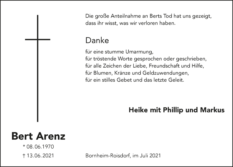  Traueranzeige für Bert Arenz vom 06.08.2021 aus  Schaufenster/Blickpunkt 