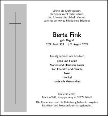 Anzeige von Berta Fink von  Anzeigen Echo 