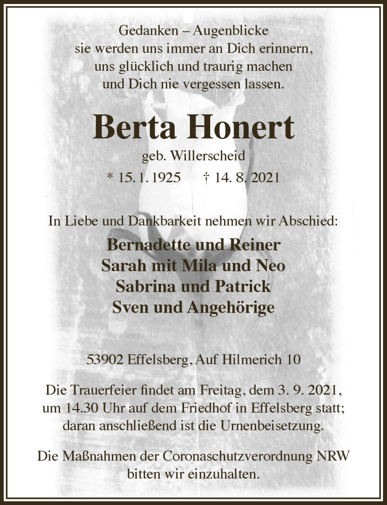  Traueranzeige für Berta Honert vom 28.08.2021 aus  Blickpunkt Euskirchen 