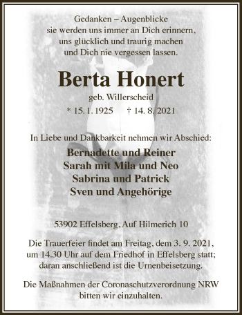 Anzeige von Berta Honert von  Blickpunkt Euskirchen 