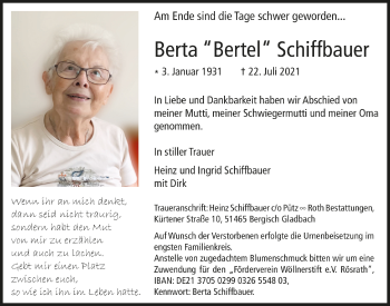 Anzeige von Berta  Schiffbauer von  Bergisches Handelsblatt 