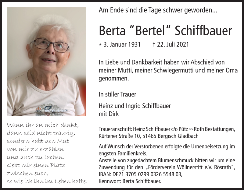  Traueranzeige für Berta  Schiffbauer vom 14.08.2021 aus Kölner Stadt-Anzeiger / Kölnische Rundschau / Express