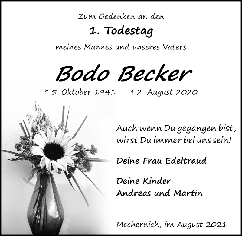  Traueranzeige für Bodo Becker vom 07.08.2021 aus  Blickpunkt Euskirchen 