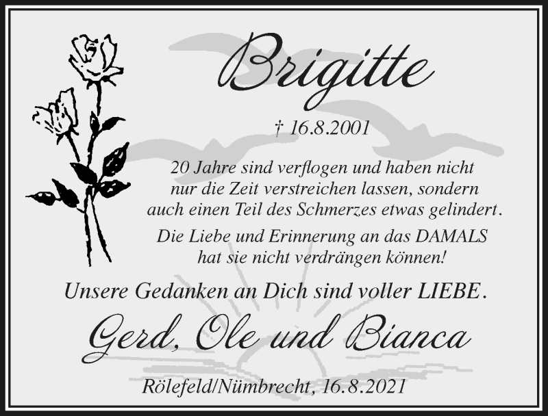 Traueranzeige für Brigitte  vom 20.08.2021 aus  Lokalanzeiger 
