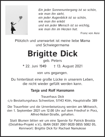 Anzeige von Brigitte Dick von  Kölner Wochenspiegel 