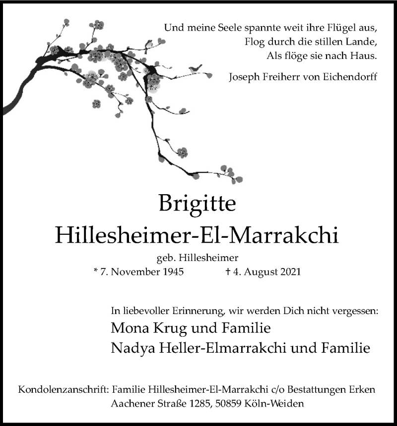  Traueranzeige für Brigitte Hillesheimer-El-Marrakchi vom 21.08.2021 aus Kölner Stadt-Anzeiger / Kölnische Rundschau / Express