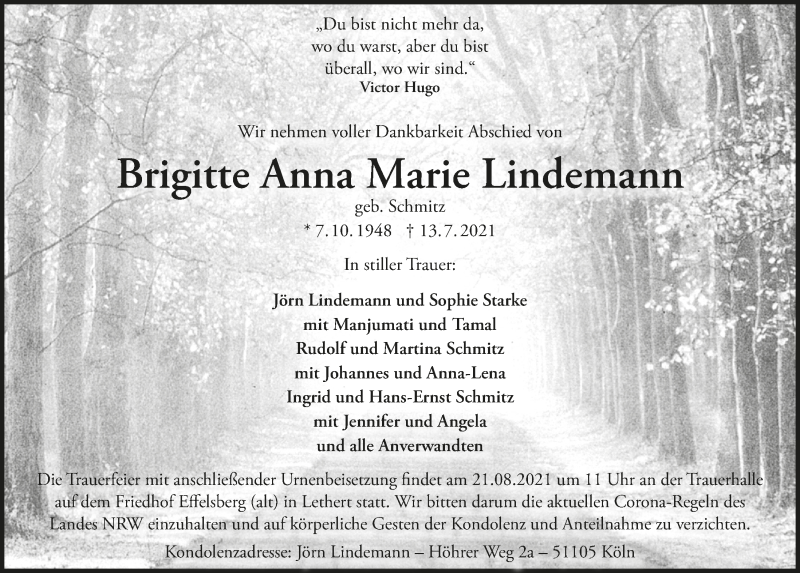  Traueranzeige für Brigitte Anna Marie Lindemann vom 14.08.2021 aus  Blickpunkt Euskirchen 