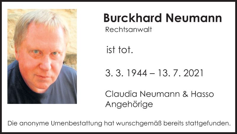  Traueranzeige für Burckhard Neumann vom 07.08.2021 aus Kölner Stadt-Anzeiger / Kölnische Rundschau / Express
