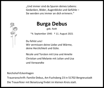 Anzeige von Burga Debus von Kölner Stadt-Anzeiger / Kölnische Rundschau / Express