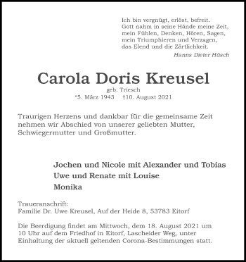 Anzeige von Carola Doris Kreusel von Kölner Stadt-Anzeiger / Kölnische Rundschau / Express