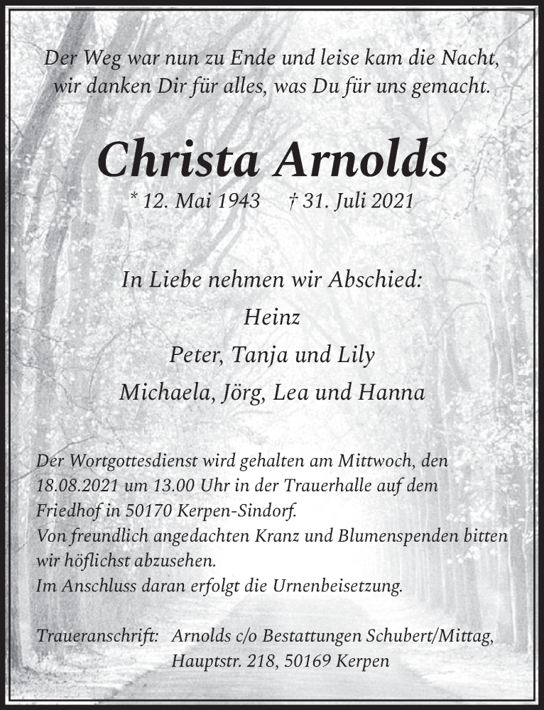 Traueranzeige für Christa Arnolds vom 13.08.2021 aus  Werbepost 