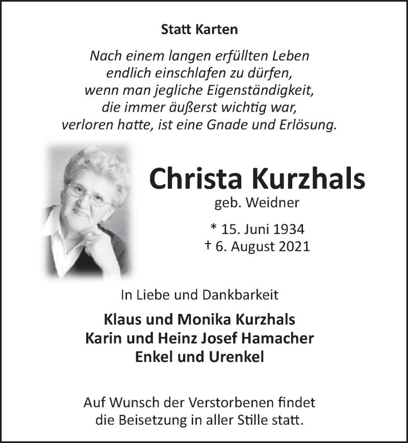  Traueranzeige für Christa Kurzhals vom 13.08.2021 aus  Werbepost 