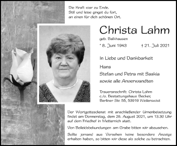 Anzeige von Christa Lahm von  Blickpunkt Euskirchen 