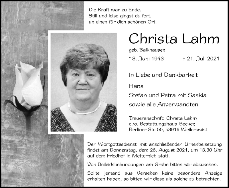  Traueranzeige für Christa Lahm vom 07.08.2021 aus  Blickpunkt Euskirchen 