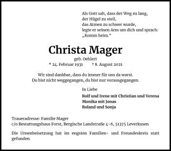 Anzeige von Christa Mager von Kölner Stadt-Anzeiger / Kölnische Rundschau / Express