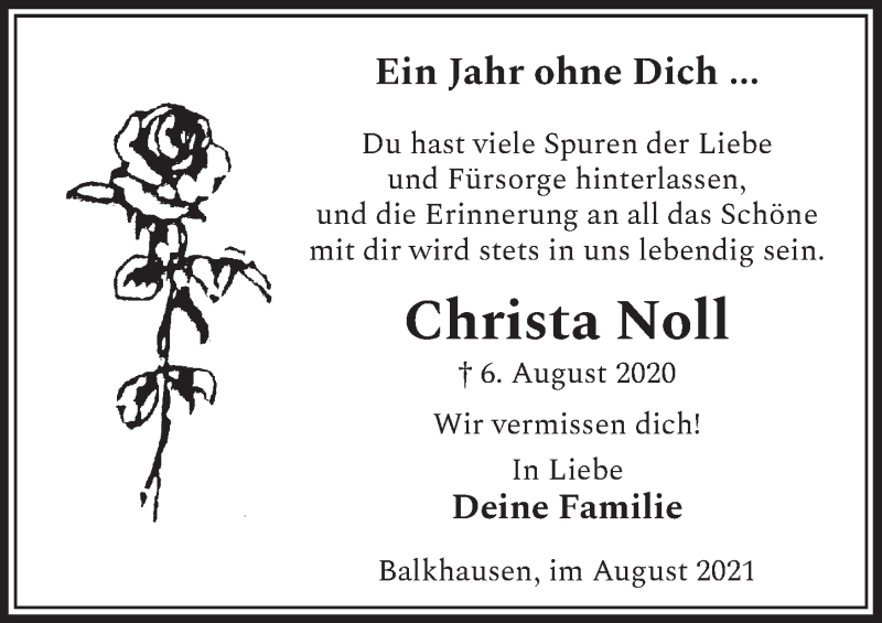  Traueranzeige für Christa Noll vom 06.08.2021 aus  Werbepost 