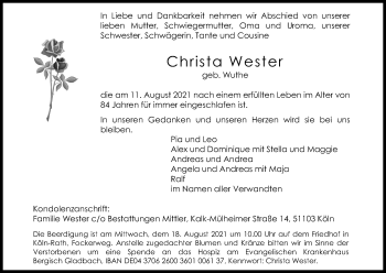 Anzeige von Christa Wester von Kölner Stadt-Anzeiger / Kölnische Rundschau / Express