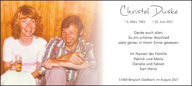  Traueranzeige für Christel Dusdke vom 28.08.2021 aus Kölner Stadt-Anzeiger / Kölnische Rundschau / Express