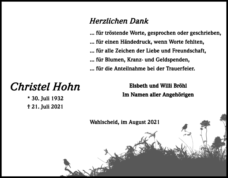  Traueranzeige für Christel Hohn vom 21.08.2021 aus Kölner Stadt-Anzeiger / Kölnische Rundschau / Express