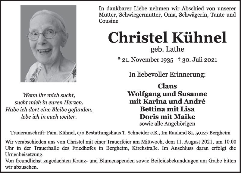  Traueranzeige für Christel Kühnel vom 06.08.2021 aus  Werbepost 